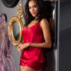 Ensemble Caraco & Short En Soie Unie Rouge