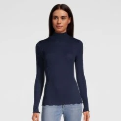 Pull Col Cheminée En Laine Mérinos Et Soie Bleu Marine